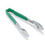 12-inch stainless steel one-piece scalloped tongs with green Kool-Touch handle, Vollrath 4781270