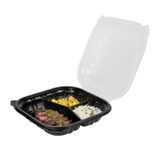 CLAMSHELL 3-COMPT MW 40oz 9"sq 3"h PP BLK/ CLR 50/cs