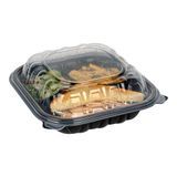 CLAMSHELL 3-COMPT MW 34oz 8"sq 3"h PP BLK/ CLR 50/cs