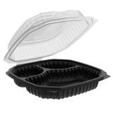 TAKEOUT CONTAINER HINGED 3-COMPT 9x9" PP BLK/CLR 120/cs