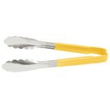 9 -inch stainless steel one-piece scalloped tongs with yellow Kool-Touch handle, Vollrath 4780950