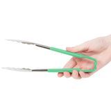 9 -inch stainless steel one-piece scalloped tongs with green Kool-Touch handle, Vollrath 4780970