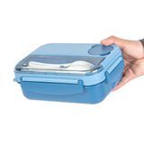 LUNCH BOX W/ UTENSILS MW 44oz 9x6-1/2" PLASTIC BLUE 1/cs