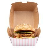 BURGER BOX 4"sq 3-3/4"h RIPPLE PAPER PINK/ WHT STRIPE 100/cs