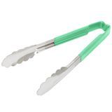 9 -inch stainless steel one-piece scalloped tongs with green Kool-Touch handle, Vollrath 4780970