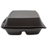 HINGED CONTAINER 8-2/5x7-9/10" 3-COMPT FOAM PS BLACK 200/cs