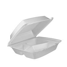 HINGED CONTAINER PS FOAM 3-COMPT 8.4x7.9x3.2 WHT 200/cs