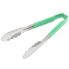 9 -inch stainless steel one-piece scalloped tongs with green Kool-Touch handle, Vollrath 4780970