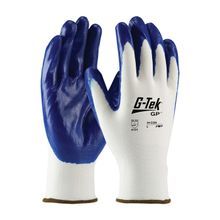 G-Tek® GP™ 34-C229/M General Purpose Gloves, Coated, M, Nitrile Palm, Nylon, Blue/White, Continuous Knit Wrist Cuff, Nitrile Coating, Resists: Abrasion, Cut and Puncture, Nylon Lining, Seamless Knit