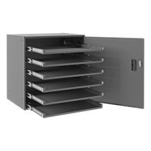 DURHAM MFG® 321B-95-DR Large Bearing Slide Rack, 6 Compartment Boxes, Locking Door, Heavy Duty Steel, Gray