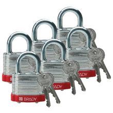 Brady® 51279 Safety Padlock, Keyed Different Key, Red, LOTO-12 Reinforced Laminated Steel Body, 1/4 in Shackle Diameter, 3/4 in Shackle Height, Hardened Steel Shackle, 1-1/3 in Body Length