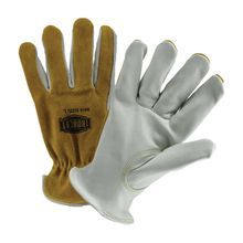 Ironcat® 9414/M Unisex General Purpose Gloves, Drivers/Work, Clute Cut/Keystone Thumb Style, M, Premium Grain Cowhide Leather Palm, Premium Split Bourbon Cowhide Leather, Tan/White, Slip-On Cuff, Resists: Heat and Flame