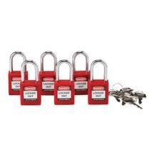 Brady® 105890 Lockout Padlock, Alike Key, Red, Nylon Body, 1/4 in Shackle Diameter, 1-1/2 in Shackle Height, 0.8 in Shackle Width, Steel Shackle, Non-conductive Conductivity