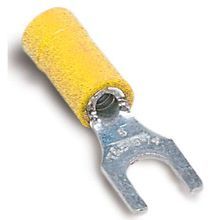 Sta-Kon® 10RC-10F RC Series Insulated Fork Terminal, 12 to 10 AWG Conductor, 1.09 in L, Brazed Seam/Serrated Barrel, Copper, Yellow