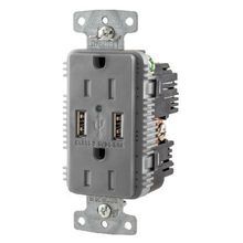 Wiring Device-Kellems tradeSELECT® USB15A5GY Duplex Grounding Heavy Duty Standard Tamper-Resistant USB Charger Receptacle With Green LED, 15 A, 125 VDC Electrical Rating, 1 Phase, 2 Pole, 3 Wires, Gray