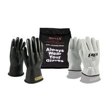 Novax® 150-SK-00/10-KIT Insulating Electrical Safety Gloves Kit, SZ 10, Goatskin Leather/Natural Rubber, Black/Natural, 11 in L, ASTM Class: Class 00, 500 VAC, 750 VDC Max Use Voltage