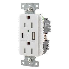 Wiring Device-Kellems tradeSELECT® USB15AC5W Duplex Grounding Heavy Duty Standard Tamper-Resistant USB Charger Receptacle With Green LED, 15 A, 125 VDC Electrical Rating, 1 Phase, 2 Pole, 3 Wires, White