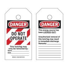 Brady® RipTag™ 150501 Perforated Rectangular Self-Laminating Safety Tag Roll With Red Stripe, 5-3/4 in H x 3 in W, Black/Red on White Legend/Background, 1-1/4 in Hole, B-851 Polyester