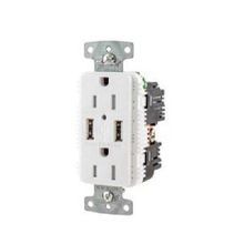 Wiring Device-Kellems tradeSELECT® USB15A5W Duplex Grounding Heavy Duty Standard Tamper-Resistant USB Charger Receptacle With Green LED, 15 A, 125 VDC Electrical Rating, 1 Phase, 2 Pole, 3 Wires, White