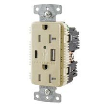 Wiring Device-Kellems tradeSELECT® USB20AC5I Duplex Grounding Standard Tamper-Resistant USB Charger Receptacle, 20 A, 125 VAC Electrical Rating, 1 Phase, 2 Pole, 3 Wires, Ivory