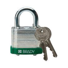 Brady® 99508 Safety Padlock, Different Key, Green, Reinforced Laminated Steel Body, 1/4 in Shackle Diameter, 3/4 in Shackle Height, 4/5 in Shackle Width, Hardened Steel Shackle, 1-1/3 in Body Length
