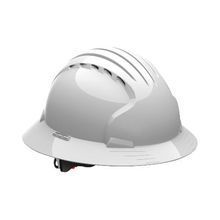 JSP® Evolution® 280-EV6161V-10 Deluxe 6151 Full Brim Standard Vented Hard Hat, Fits Minimum Hat Size: 20-7/8 in, Fits Maximum Hat Size: 25 in, ABS, 6-Point Suspension, ANSI Electrical Class Rating: Class E, ANSI Impact Rating: Type 1, Ratchet Adjustment