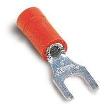 Sta-Kon® 18RA-8F RA Series Insulated Fork Terminal, 22 to 18 AWG Conductor, 0.97 in L, Brazed Seam/Serrated Barrel, Copper, Red