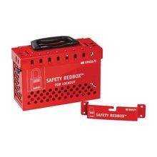 Brady® 145579 Portable Lockout Box, 12 Padlocks Maximum, Hinged Door, Red, 6.1 in H x 9.3 in W x 3.6 in D, Wall Mounting