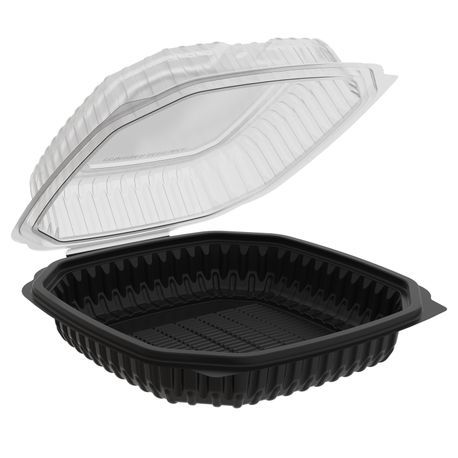 HINGED TAKEOUT 1-COMP 38oz 9" SQ MW PP BLK & CLR 120/cs