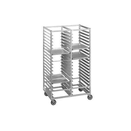 Channel 423A6 Cafeteria Tray Rack, mobile, double section, 41"W x 26"D x 64"H, open sides, 5" spacing, capacity (20) 18" x 26" trays, welded aluminum