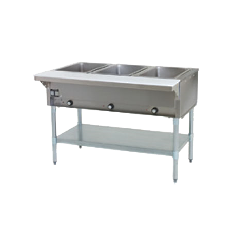 Eagle DHT3-208-1X Hot Food Table, electric, open base, 48"W, (3) 12" x 20" (dry) wells with infinite controls, stainless steel top with 7-7/8" poly