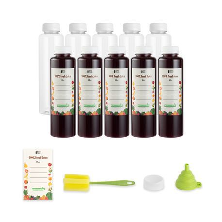 JUICE BOTTLES W/ CAPS & LABELS 16oz 14-1/2"h PLS CLR 100/cs