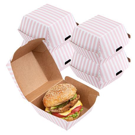 BURGER BOX 4"sq 3-3/4"h RIPPLE PAPER PINK/ WHT STRIPE 100/cs