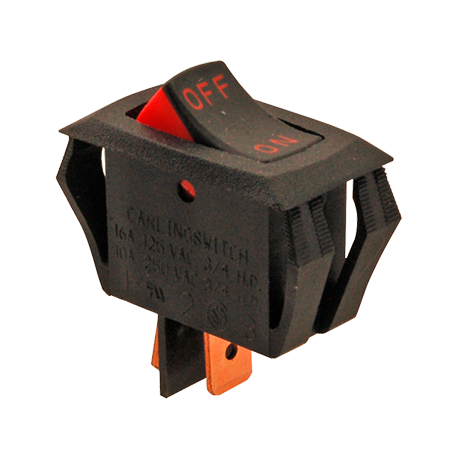 Allpoints 42-1663 Rocker Switch, on/off, SPST, (2) 1/4" tab terminals, black with red, 125/250v, 10