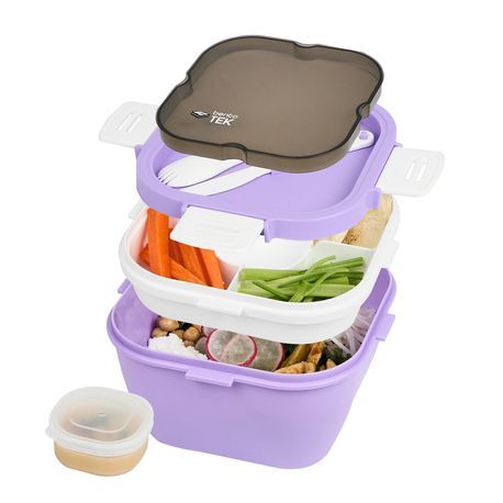 LUNCH BOX W/ UTENSILS MW 58oz 7-1/4"sq PLS PURPLE/ WHT 10/cs