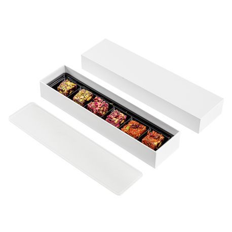 CANDY BOX 10-3/4x2-3/4x1-1/2" 6-CMPT PAPER WHITE 100/cs