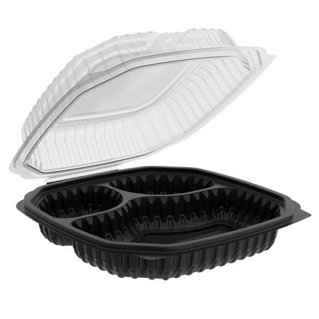 TAKEOUT CONTAINER HINGED 3-COMPT 9x9" PP BLK/CLR 120/cs