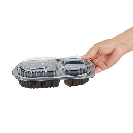 FOOD CONTAINER 19oz 9-1/4x6" OVAL 3-COMP PLASTIC BLK 50/cs