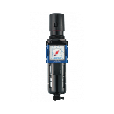 Prevost TM SM202 Filter-Regulator (Gauge Included) with Wall Bracket, 3/8" Alto Filter-Regulator (Gauge Included), NPT female thread = 3/8" FNPT, Flow rate (cfm at 87 psi Δp=14psi) = 63.54, Max operating pressure (psi) = 174, Filtration (µm) = 25