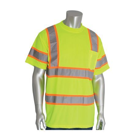 PIP® 313-CNTSPLY-XL 2-Tone Short Sleeve Crew Neck T-Shirt, XL, Hi-Viz Lime Yellow, 31.9 in L, Bird's Eye Polyester