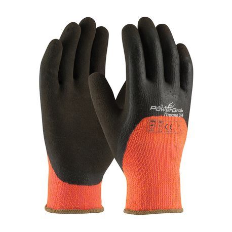 PIP® PowerGrab™ Thermo 41-1475/L High Visibility General Purpose Gloves, Coated/Cold Protection, Full-Finger Style, L, Latex Palm, Terrycloth, Brown/Orange/Tan, Continuous Knit Wrist Cuff, Latex Coating, Resists: Abrasion, Cut, Puncture and Tear
