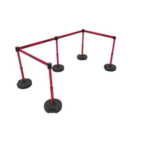 Banner Stakes PL4564 PLUS Barrier Set X5, Red Double-Sided "Danger", Includes: 5 PLUS Stanchions, 5 PLUS Bases, 4 PLUS Banner Head, 1 PLUS Receiver Head, Belt Length 15 ft, Suitable for Indoor/Outdoor Use