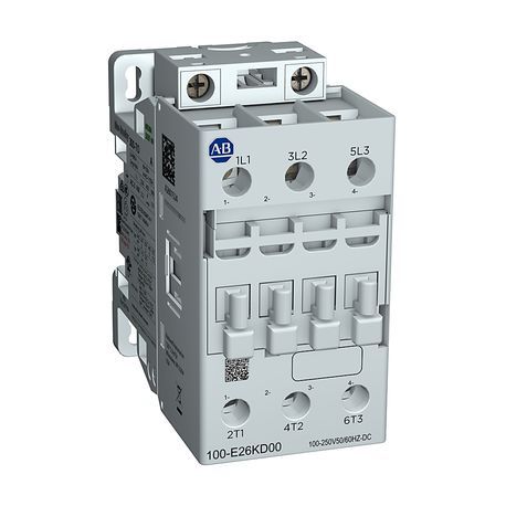 Allen-Bradley 100-E26KN00 Contactor, IEC, 26 A, 250 500V 50 60 Hz/250 500V DC, 3 NO Poles, 0 NO 0 NC Auxiliary Contacts, Screw Terminals