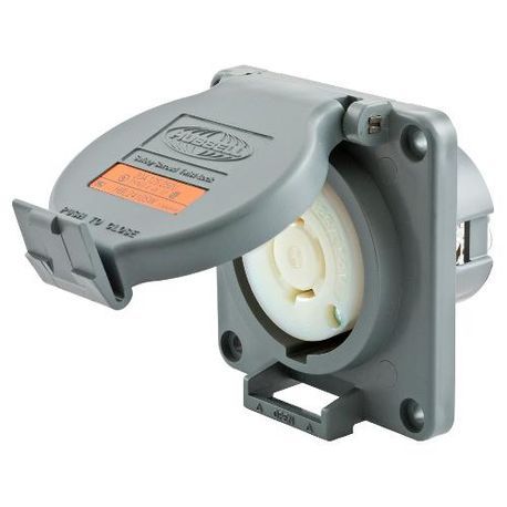 Wiring Device-Kellems Safety-Shroud® Twist-Lock® HBL2410SW Heavy Duty Flanged Grounding Standard Single Watertight Locking Receptacle, 125/250 VAC, 20 A, 3 Poles, 4 Wires, Gray/White