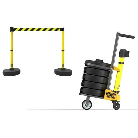 Banner Stakes PL4008 PLUS Cart Package, Yellow/Black Diagonal Stripe Banner, Includes: 1 Cart, 5 PLUS Stanchions, 5 PLUS Banner Heads, 5 PLUS Bases, Belt Length 15 ft, Suitable for Indoor/Outdoor Use