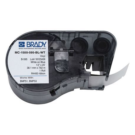 Brady® MC-1500-595-BL-WT M Series Printer Label, 25 ft L x 1-1/2 in W, White on Blue Legend/Background, B-595 Vinyl