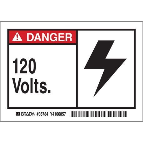 Brady® 86784 Rectangle Self-Adhesive Machine/Equipment Label, 3-1/2 in L x 5 in W, Legend: DANGER 120 Volts, Black/Red on White Legend/Background, B-302 Polyester, 5 Labels