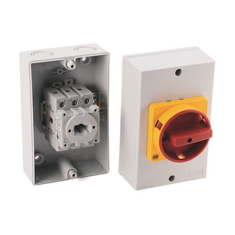 Rockwell Automation IEC Load Switch, IP65 (Thermoplastic) - Base / DIN Rail, OFF-ON 90°, 25A, 3 Poles, Supplied with a Type N Red/Yellow Actuator