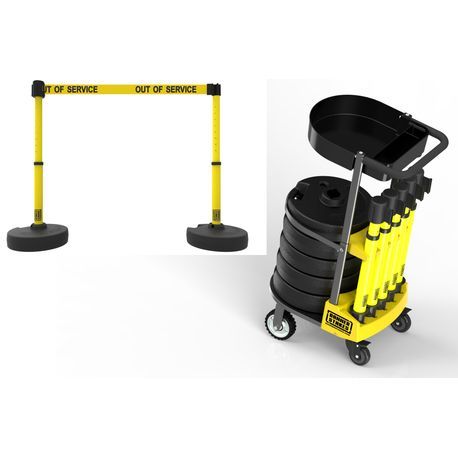 Banner Stakes PL4006T PLUS Cart Package with Tray, Yellow “Out of Service” Banner, Includes: 1 Cart, 5 PLUS Stanchions, 5 PLUS Banner Heads, 5 PLUS Bases, 1 Accessory Tray, Belt Length 15 ft, Suitable for Indoor/Outdoor Use