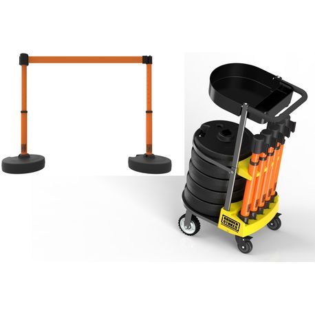 Banner Stakes PL4000-OT PLUS Cart Package with Tray, Blank Orange Banner, Includes: 1 Cart, 5 PLUS Stanchions, 5 PLUS Banner Heads, 5 PLUS Bases, 1 Accessory Tray, Belt Length 15 ft, Suitable for Indoor/Outdoor Use